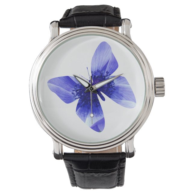 Blauer Mohnschmetterling, großes Leder Armbanduhr (Vorderseite)