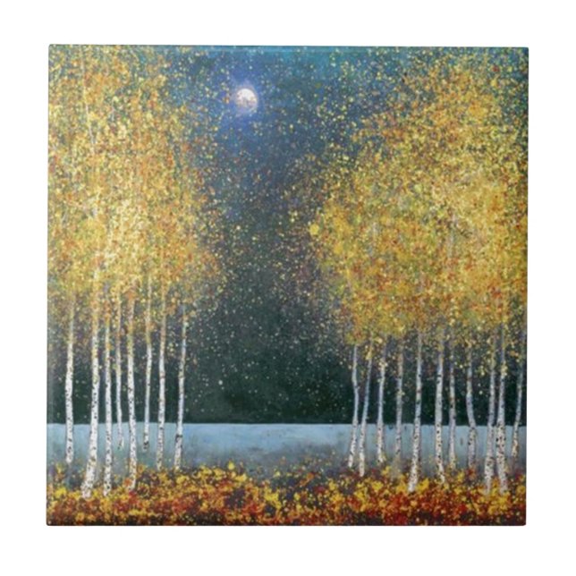 Blauer Mond-goldene Waldung Fliese (Vorderseite)