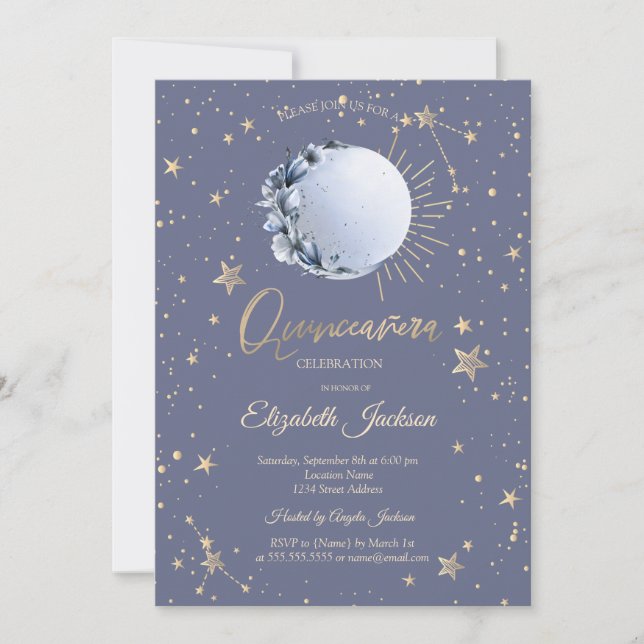 Blauer Mond, Stars Blume Pastel Quinceanera Einladung (Vorderseite)