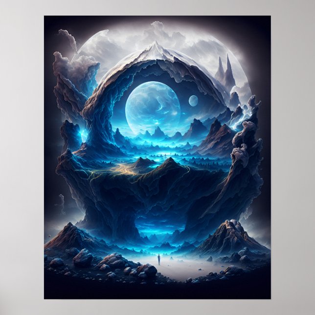 Blauer Mond über einer zauberhaften Landschaft Poster (Vorne)
