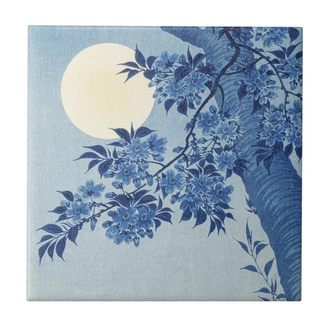 Blauer Moonlit Blossom Tree Unter dem nächtlichen  Fliese (Vorderseite)