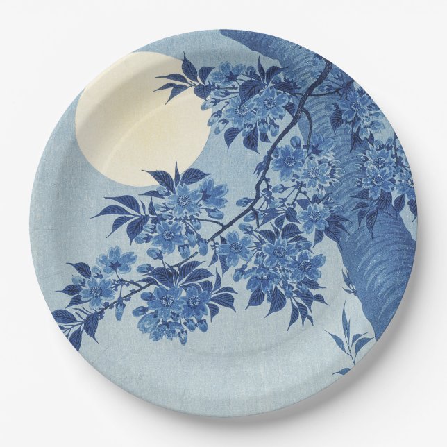 Blauer Moonlit Blossom Tree Unter dem nächtlichen  Pappteller (Vorderseite)