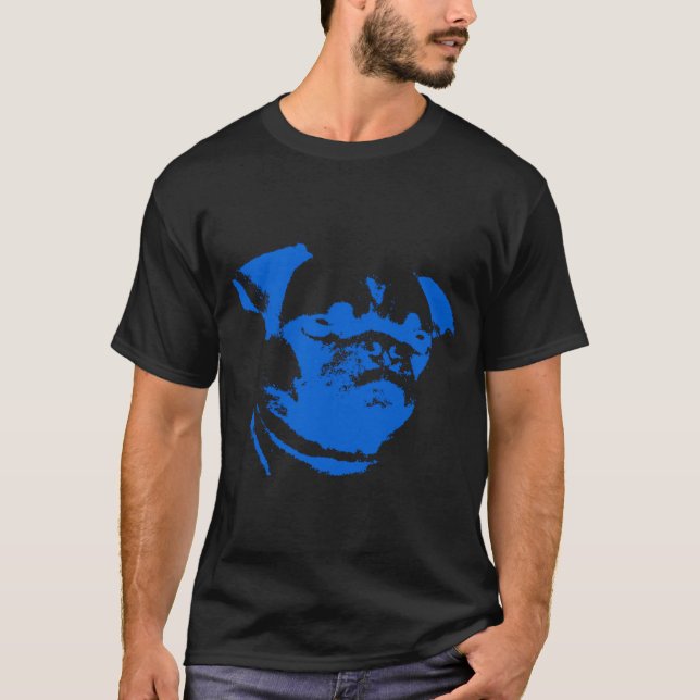 Blauer Mops gelber Hintergrund T-Shirt (Vorderseite)