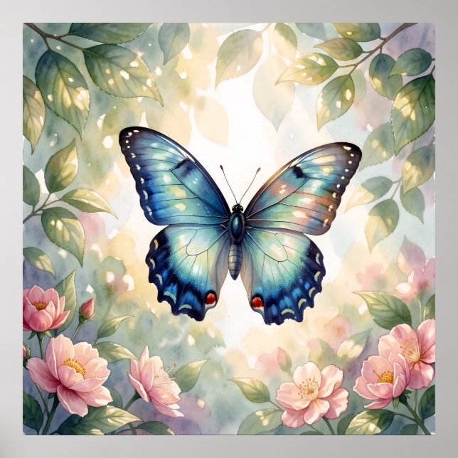 Blauer Morpho-Schmetterling Floral Botanisch Aquar Poster (Vorne)