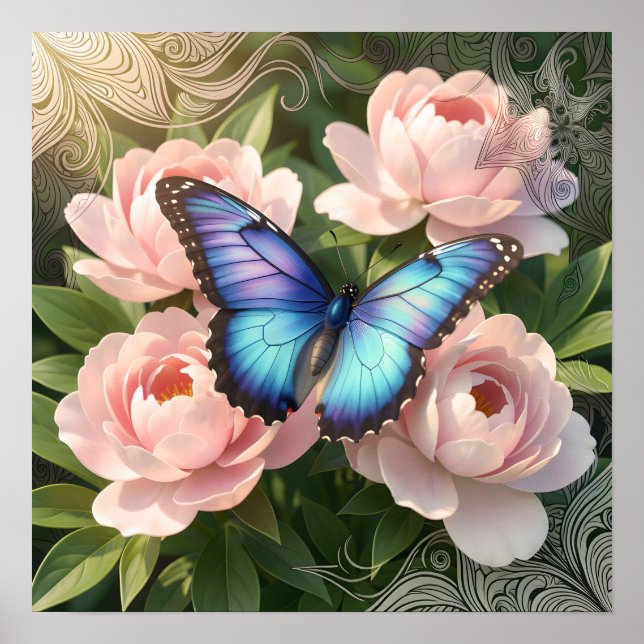 Blauer Morpho-Schmetterling Florale Botanische Kun Poster (Vorne)