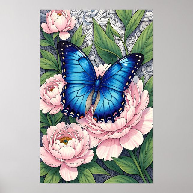 Blauer Morpho-Schmetterling Florale Botanische Kun Poster (Vorne)
