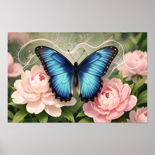 Blauer Morpho-Schmetterling Florale Botanische Kun Poster (Vorne)