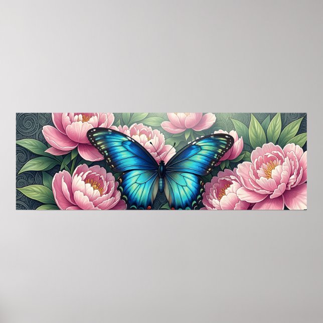 Blauer Morpho-Schmetterling Florale Botanische Kun Poster (Vorne)