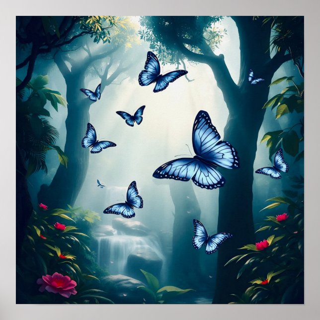 Blauer Morpho Schmetterling im Regenwald Poster (Vorne)