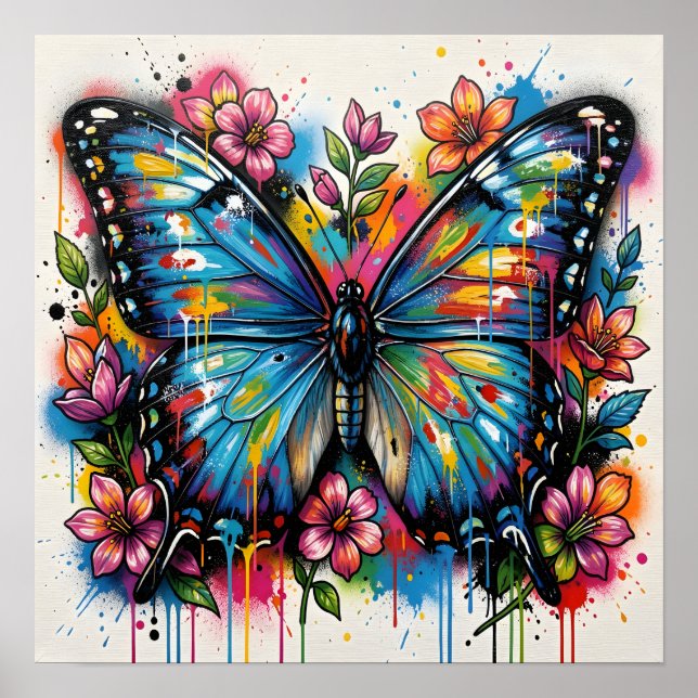 Blauer Morpho-Schmetterling Street Art Graffiti Gr Poster (Vorne)