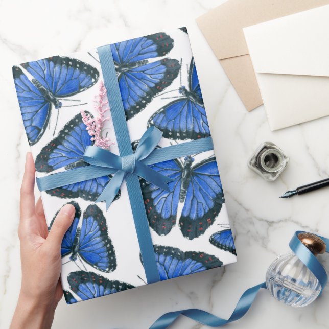 Blauer Morpho-Schmetterlingsmuster Verpackungspapp Geschenkpapier (Schenken)