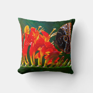 Blauer Morphon-Schmetterling auf Crocosmia Lucifer Kissen