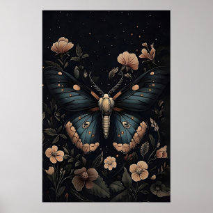 Blauer Motten-Botanikdruck, Dark Academia Wandkuns Poster