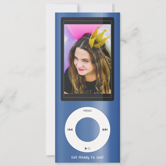 Blauer MP3-Musikplayer-Geburtstag Einladung (Vorderseite)
