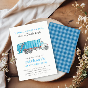 Blauer Müllwagen-Junge zum 1. Geburtstag Party Einladung