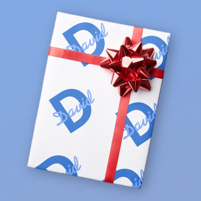 Blauer Name & Monogramm Geschenkpapier (Von Creator hochgeladen)