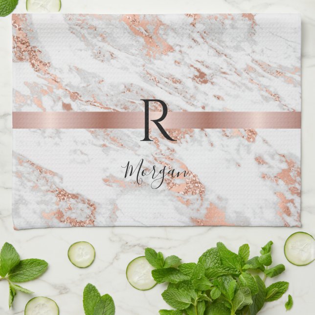 Blauer Name/Monogramm Weiß+Rose Goldmarmor Glitzer Geschirrtuch (Gefaltet)