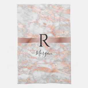 Blauer Name/Monogramm Weißer/Rose Goldmarmor Glitz Geschirrtuch