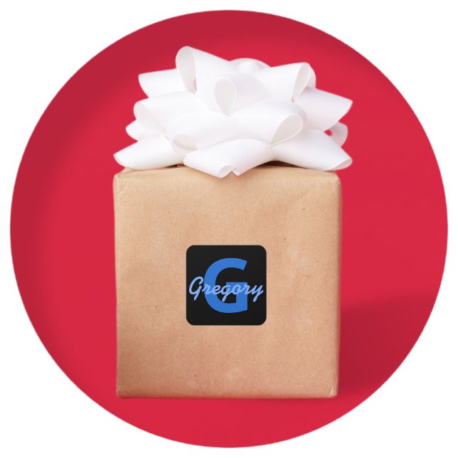 Blauer Name und Monogramm Quadratischer Aufkleber (Von Creator hochgeladen)