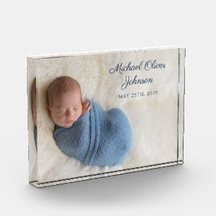 Blauer Namens Geburtsdatum Schrift Baby Foto Block