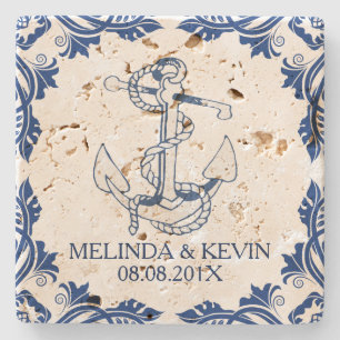 Blauer Nautikrahmen und blauer Blumenrahmen Steinuntersetzer