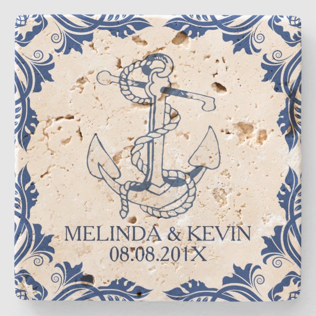 Blauer Nautikrahmen und blauer Blumenrahmen Steinuntersetzer (Vorderseite)