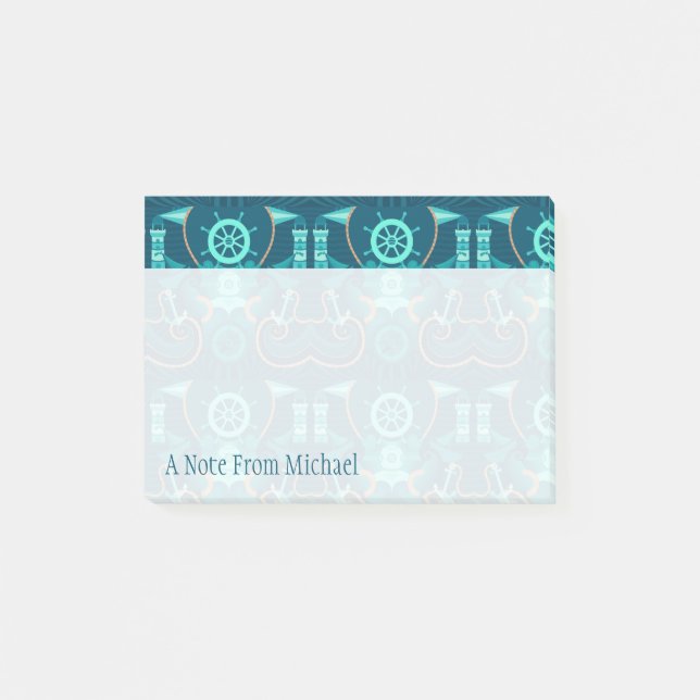 Blauer nautischentwurf | addieren Ihren Namen Post-it Klebezettel (Vorderseite)