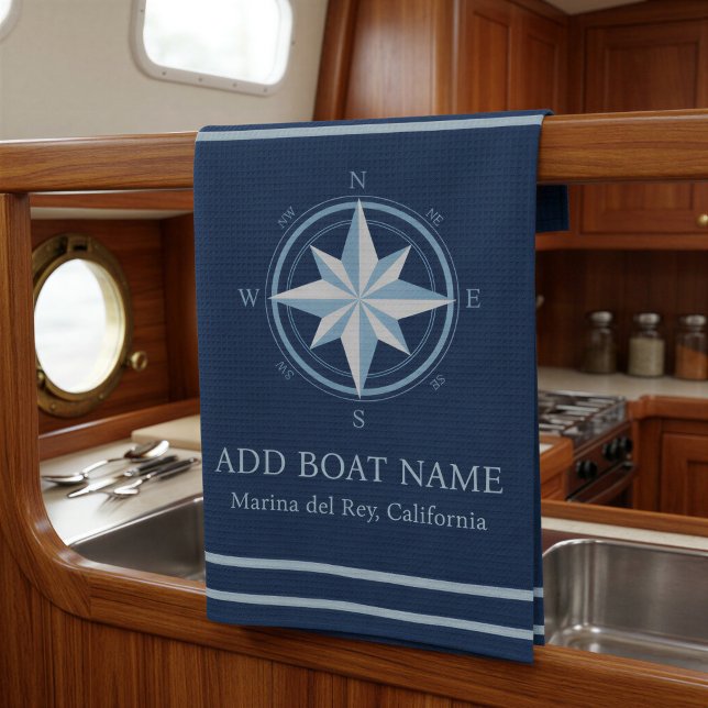 Blauer nautischer Kompass benutzerdefinierter Boot Geschirrtuch (Blue Nautical Compass Custom Boat Name Kitchen Towel)