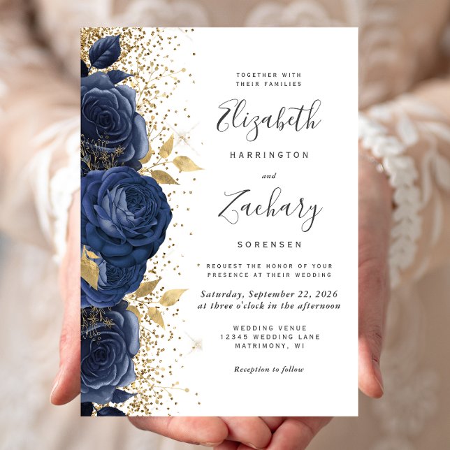 Blauer Navy Blauer goldene Hochzeit Einladung (Von Creator hochgeladen)