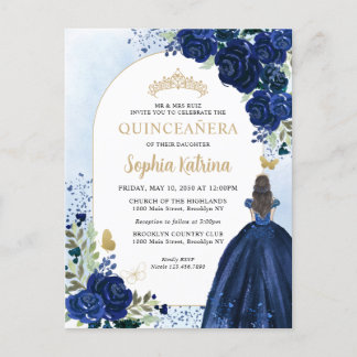 Blauer Navy Blue Gold Gown Geburtstag Quinceanera Einladungspostkarte