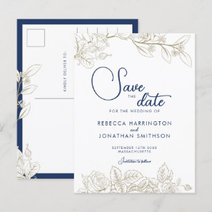 Blauer Navy Blue Gold Hochzeit rettet das Datum Postkarte