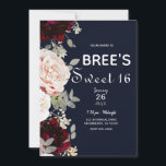 Blauer Navy Blush Rose & Burgund Blumensüß 16 Einladung<br><div class="desc">für jedes Ereignis anpassen</div>