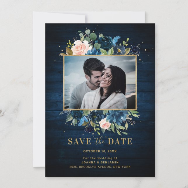 Blauer Navy Blush Rustikales Botanisches Foto Save The Date (Vorderseite)