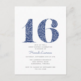 Blauer Navy Blütensüß 16 Geburtstagseinladung Postkarte