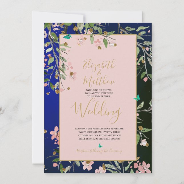 Blauer Navy Elegantes Rosa und Gold Chinoiserie Einladung (Rückseite)