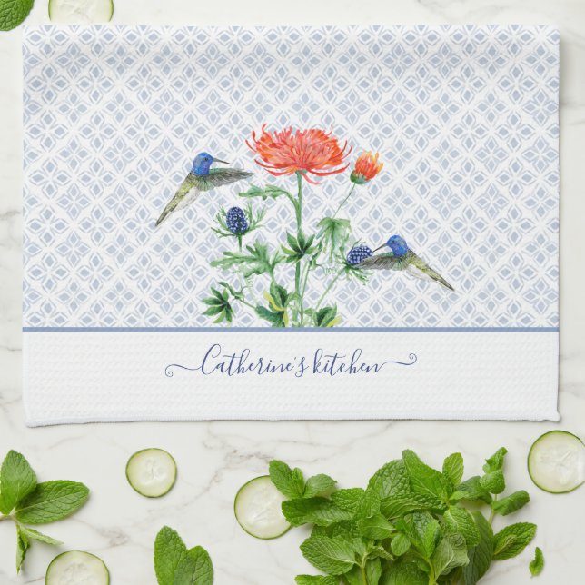 Blauer Navy Farm House Floral Watercolor Hummingbi Geschirrtuch (Gefaltet)