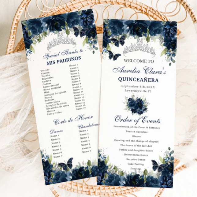 Blauer Navy-Floral Silver Quinceñera Orden des Ere Programm (navy-blue-floral-silver-butterflies-quinceanera-sweet-16-birthday-slim-program-order-events-cards)