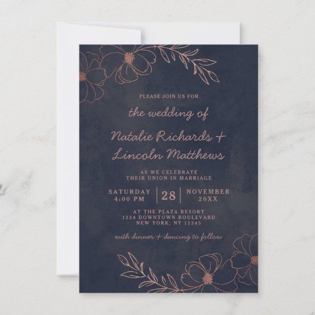 Blauer Navy & Rose Gold Foil Rustikale Hochzeit Einladung (Vorderseite)
