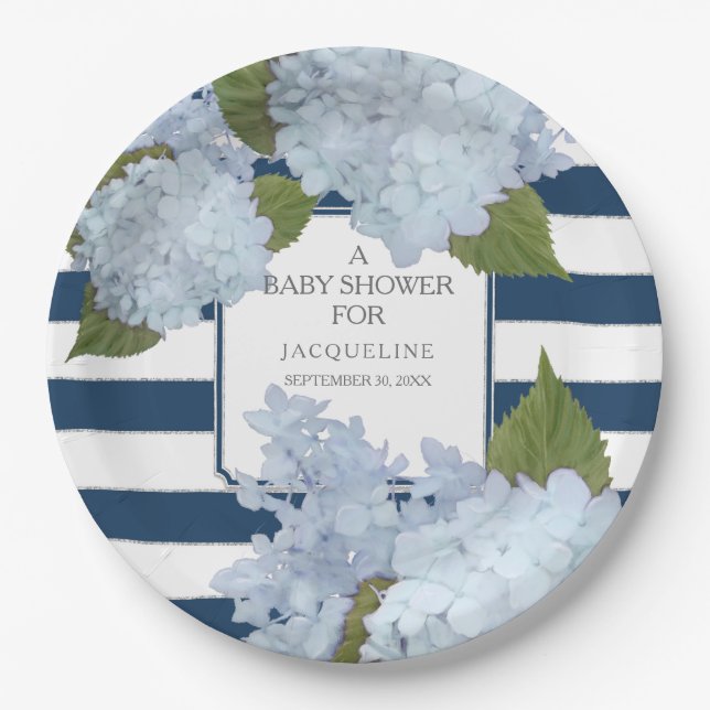 Blauer Navy Strip White Hydrangea Floral Baby Pappteller (Vorderseite)