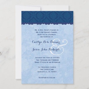 Blauer Navy und Baby Blue Damask Wedding V007 Einladung