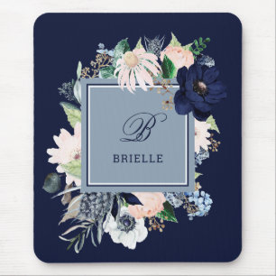 Blauer Navy und Blush Floral  Name und Monogramm Mousepad
