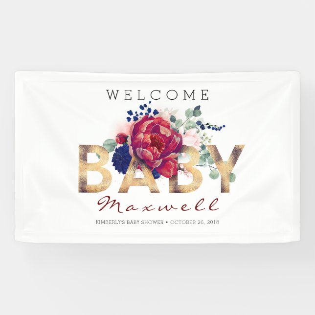 Blauer Navy und Burgundy Floral Baby Dusche Banner (Horizontal)