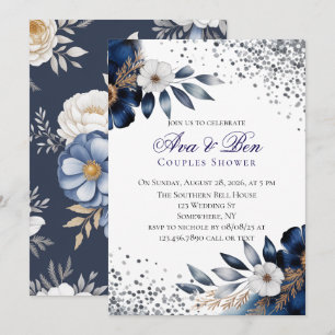 Blauer Navy und Elfenbeinblume Dusche Einladung