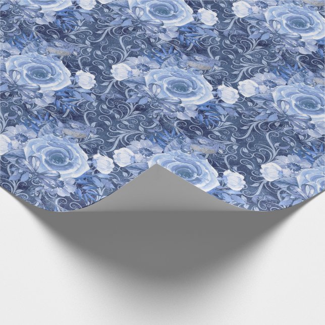 Blauer Navy und Weiße Rosen Geschenkpapier (Ecke)