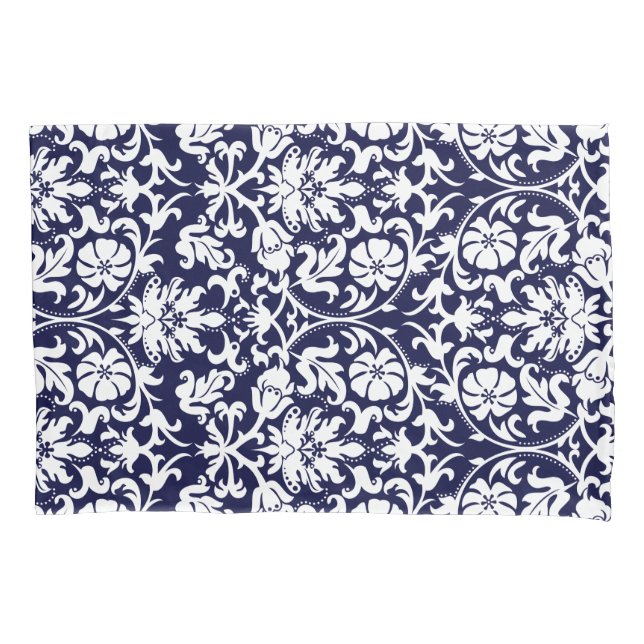 Blauer Navy und weißer Floral Damask Kissenbezug (Vorderseite-Links)