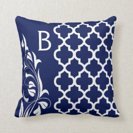 Blauer Navy-White-Quilton-Monogramm-Floral Kissen
