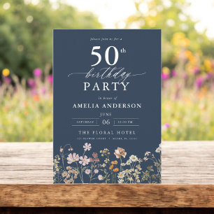 Blauer Navy Wildblume Garden Floral 50. Geburtstag Einladung