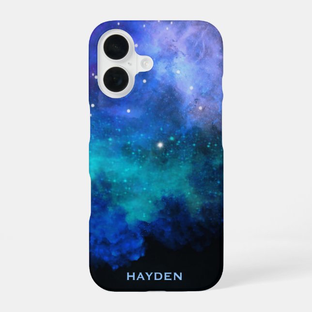 Blauer Nebulous Cool Galaxy Personalisiert iPhone 16 Hülle (Rückseite)