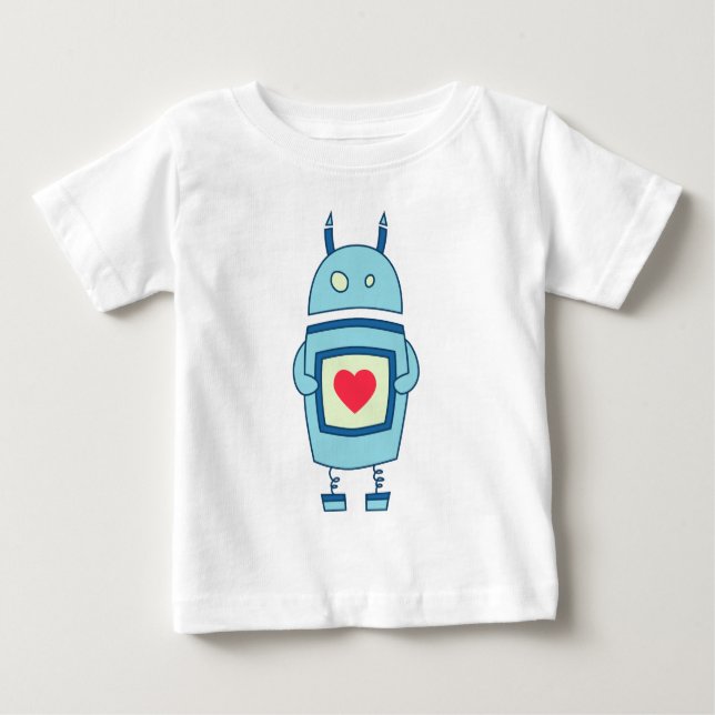 Blauer niedlicher unbeholfener Roboter mit Baby T-shirt (Vorderseite)