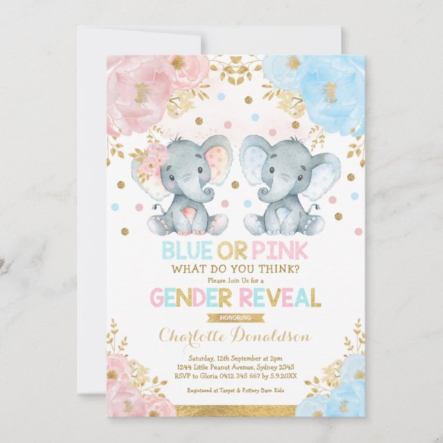 Blauer oder rosa Elephant Gender Reveal Baby Showe Einladung (Vorderseite)